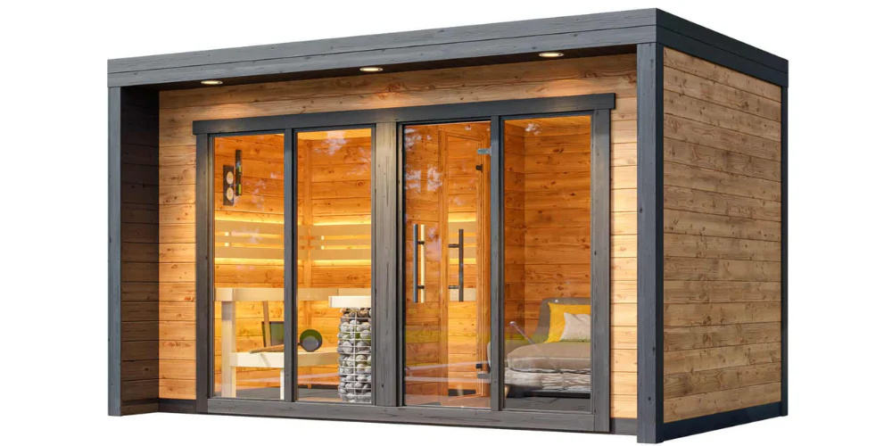 Sauna Sector Modern Outdoor Sauna Room with Panoramic Glass and Wood Finish S01150X98
